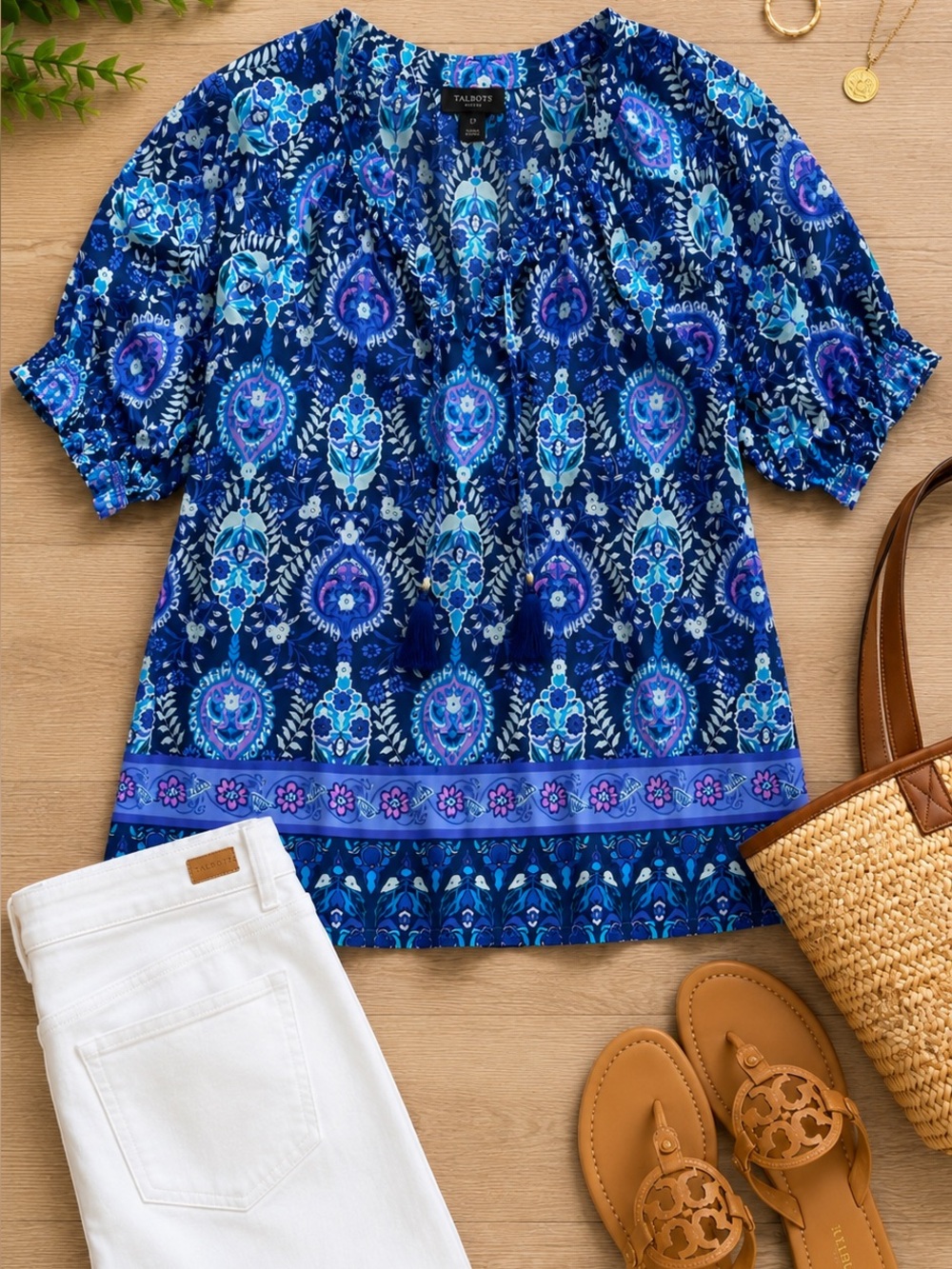 Talbots Blue Purple Floral Paisley Cotton Peasant Blouse Tassel Tie Large Petite